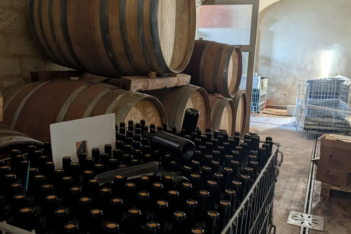 Bottles in crates beside the barrels in the Tenuta Magrini cellar