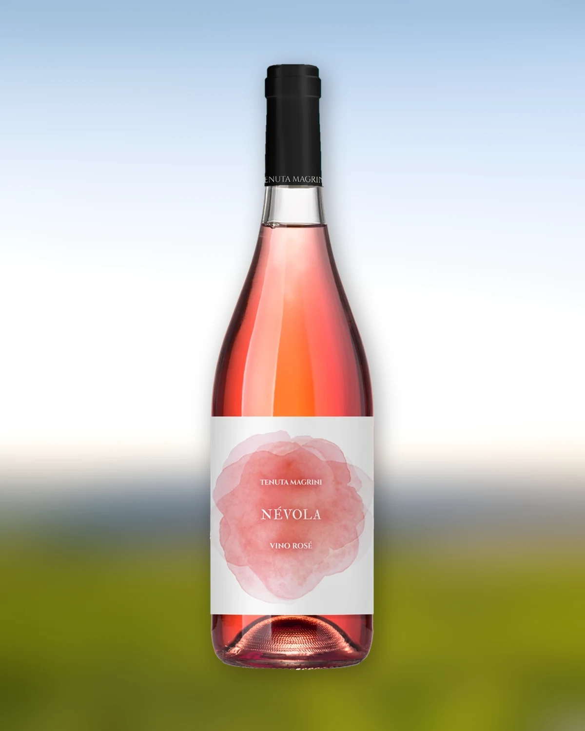 Bottiglia di Névola, vino rosé di Nebbiolo, sul cielo del Monferrato al tramonto