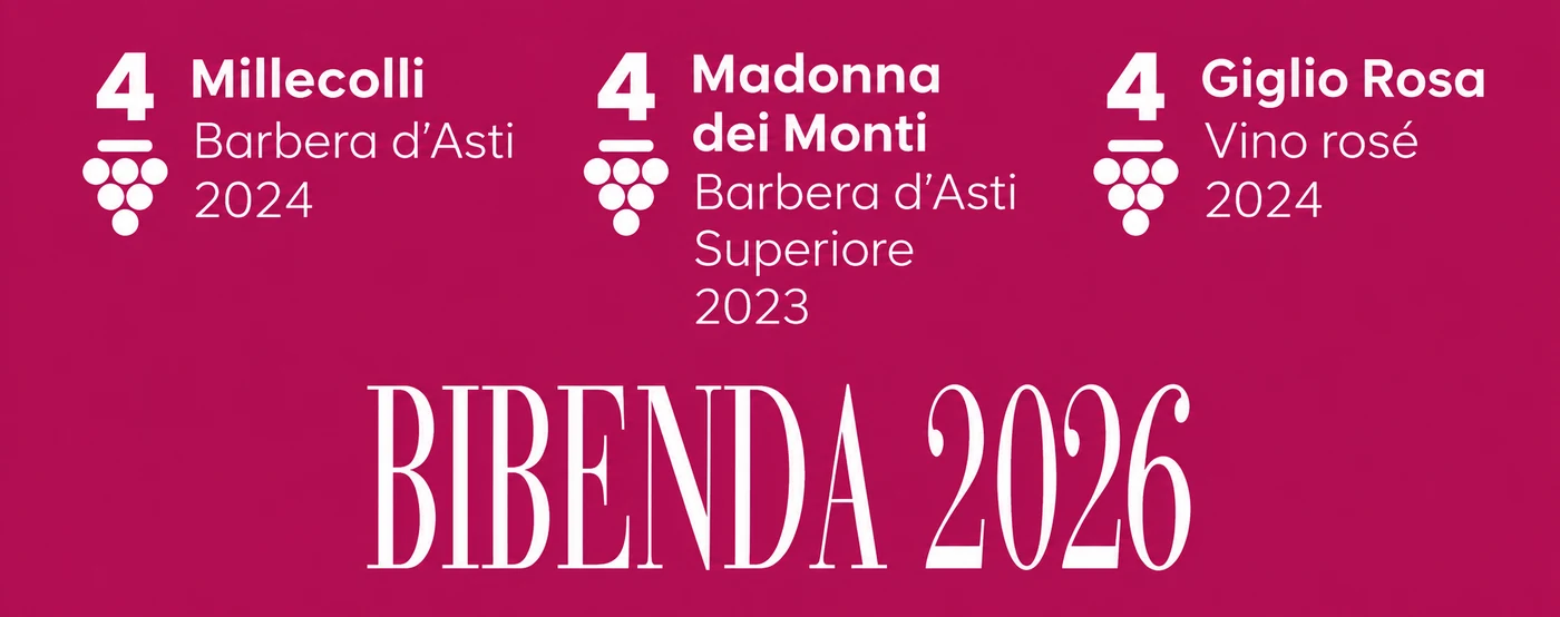 Bibenda 2026: 4 Grappoli a Millecolli Barbera d'Asti 2024, Madonna dei Monti Barbera d'Asti Superiore 2023 e Giglio Rosa Vino rosé 2024
